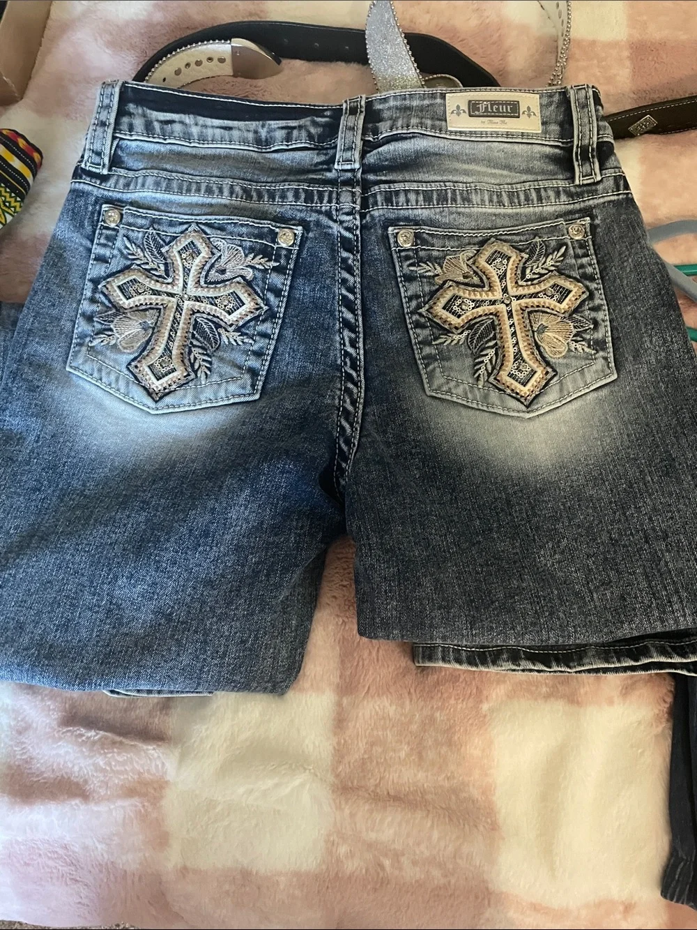 Fleur. Miss Me Embellished Blue Denim Jeans Rhinestone,Sequin Cross Designed Y2K